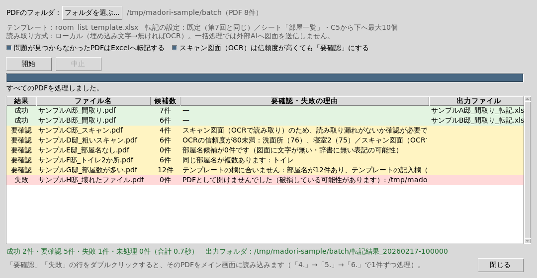 一括処理の結果一覧。成功2件・要確認5件・失敗1件と、それぞれの理由が色分けして表示されている